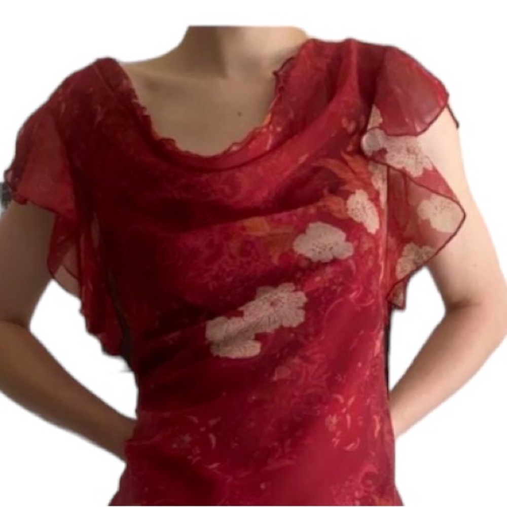 Alyn Paige Vintage Ruffled Scoop Neck Floral Asymmetric Midi Dress Size 11/12 - Picture 3 of 7